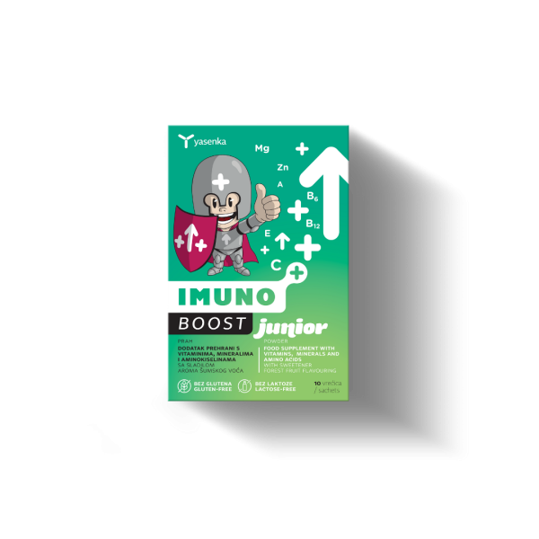 Imuno Boost junior u samo jednoj vrećici sadrži čak 13 aminokiselina, 11 vitamina i 6 minerala.